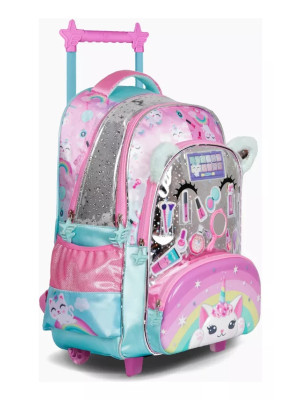 Footy Mochila Con Carro De 18 Pulgadas Make Up Con Luz Led F6331 Color Celeste Con Rosa