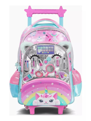 Footy Mochila Con Carro De 18 Pulgadas Make Up Con Luz Led F6331 Color Celeste Con Rosa